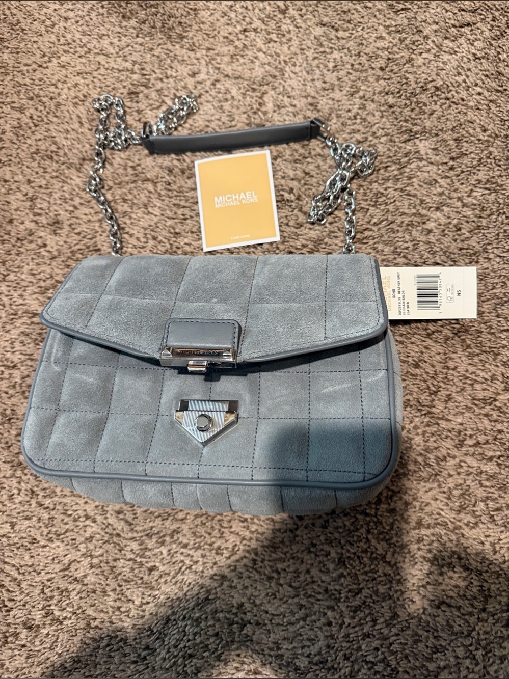 Michael Kors Light Gray Quilted Suede Chain Shoulder Bag